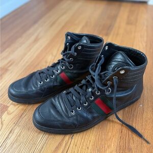 Gucci Black Leather High-Top Sneakers with Red and Green Stripes